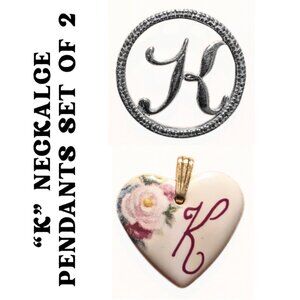 Initial K Pendant Lot 925 Sterling Silver Circle & Porcelain Floral Heart